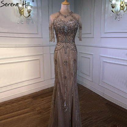 Dubai Nude Mermaid Luxury O-Neck Evening Dresses 2025 Short Sleeves Beading Tassel Formal Dress Serene Hill LA70646 - SERENE HILL