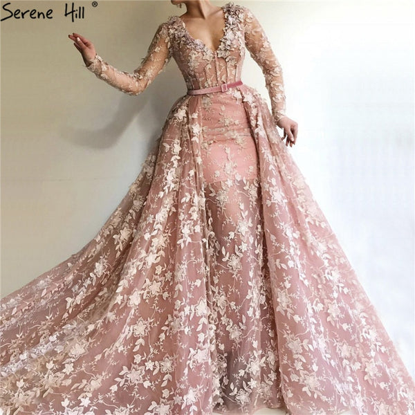 Sale Dubai Pink Long Sleeves Tulle Evening Dresses 2025 Handmade Flowers V-Neck Sexy Formal Dress Serene Hill LA60994