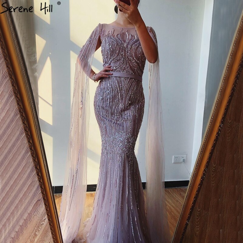 Dubai Pink Luxury Long Sleeves Evening Gowns 2025 Mermaid Sequins Beading Sexy Fromal Dresses Serene Hill LA70160 - SERENE HILL