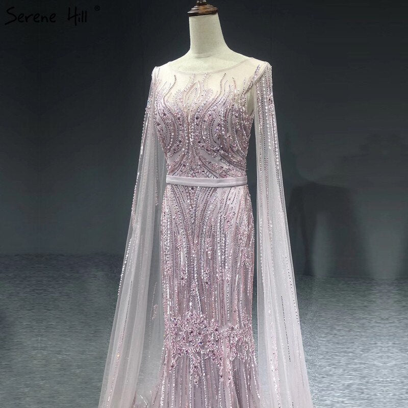 Dubai Pink Luxury Long Sleeves Evening Gowns 2025 Mermaid Sequins Beading Sexy Fromal Dresses Serene Hill LA70160 - SERENE HILL