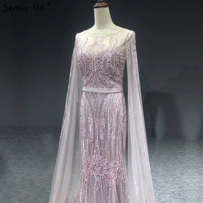 Dubai Pink Luxury Long Sleeves Evening Gowns 2025 Mermaid Sequins Beading Sexy Fromal Dresses Serene Hill LA70160 - SERENE HILL