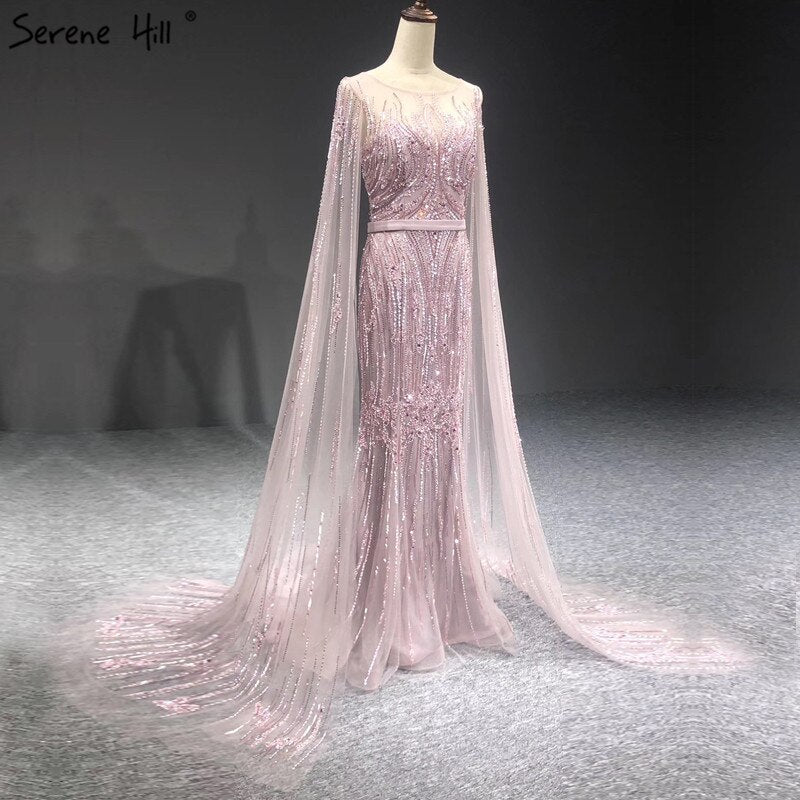 Dubai Pink Luxury Long Sleeves Evening Gowns 2025 Mermaid Sequins Beading Sexy Fromal Dresses Serene Hill LA70160 - SERENE HILL