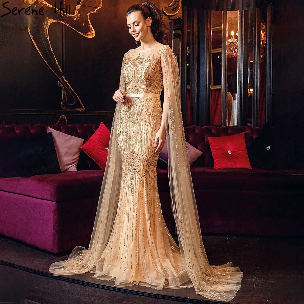 Dubai Pink Luxury Long Sleeves Evening Gowns 2025 Mermaid Sequins Beading Sexy Fromal Dresses Serene Hill LA70160 - SERENE HILL