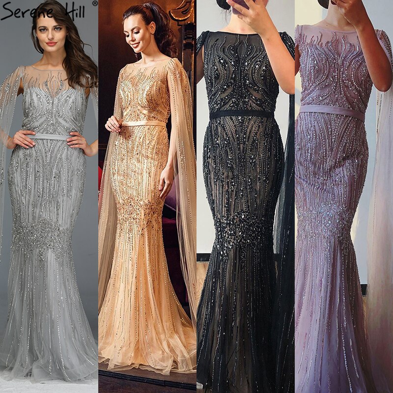 Dubai Pink Luxury Long Sleeves Evening Gowns 2025 Mermaid Sequins Beading Sexy Fromal Dresses Serene Hill LA70160 - SERENE HILL