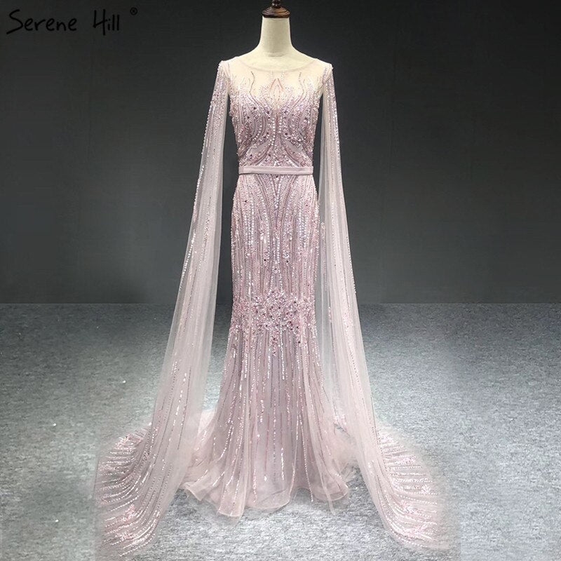 Dubai Pink Luxury Long Sleeves Evening Gowns 2025 Mermaid Sequins Beading Sexy Fromal Dresses Serene Hill LA70160 - SERENE HILL