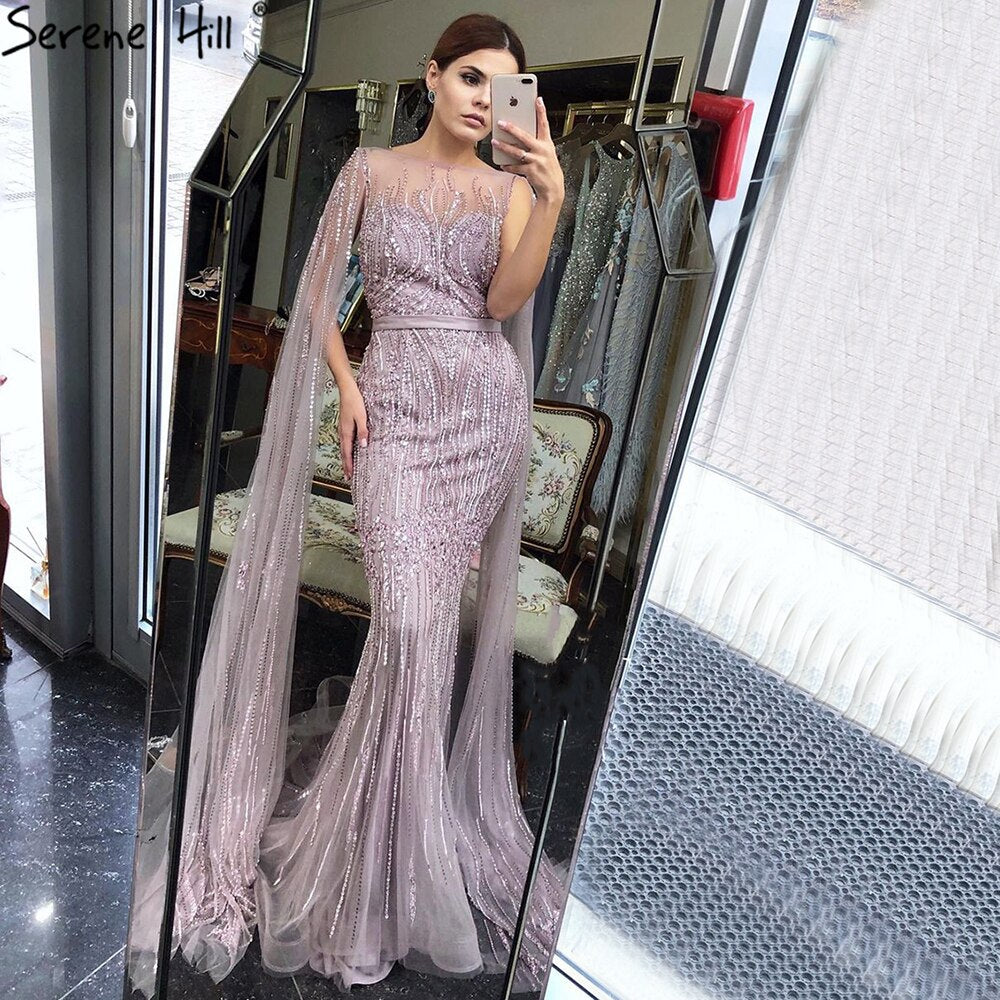 Dubai Pink Luxury Long Sleeves Evening Gowns 2025 Mermaid Sequins Beading Sexy Fromal Dresses Serene Hill LA70160 - SERENE HILL