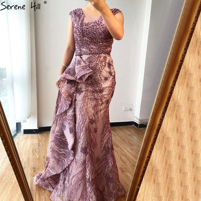 Dubai Pink Mermaid Sleeveless Evening Dresses High-end O-Neck Beading Lace Party Gowns Serene Hill 2025 LA70669 - SERENE HILL