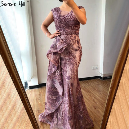 Dubai Pink Mermaid Sleeveless Evening Dresses High-end O-Neck Beading Lace Party Gowns Serene Hill 2025 LA70669 - SERENE HILL