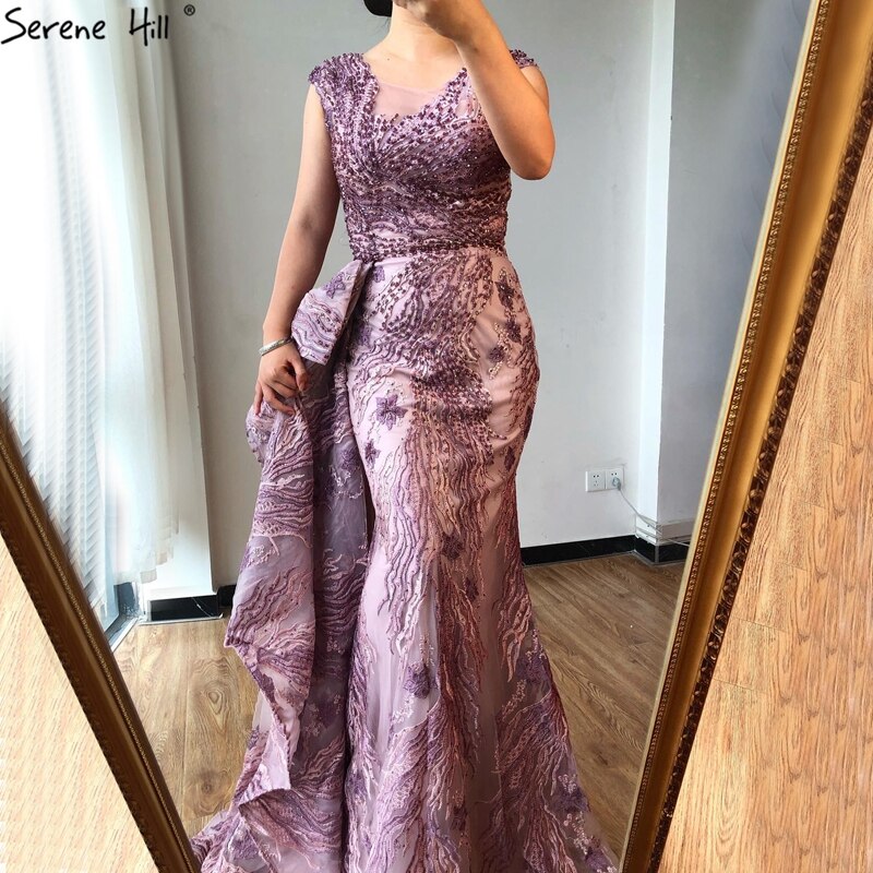 Dubai Pink Mermaid Sleeveless Evening Dresses High-end O-Neck Beading Lace Party Gowns Serene Hill 2025 LA70669 - SERENE HILL