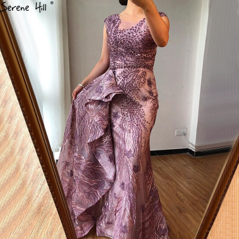 Dubai Pink Mermaid Sleeveless Evening Dresses High-end O-Neck Beading Lace Party Gowns Serene Hill 2025 LA70669 - SERENE HILL