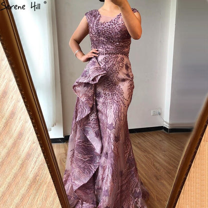 Dubai Pink Mermaid Sleeveless Evening Dresses High-end O-Neck Beading Lace Party Gowns Serene Hill 2025 LA70669 - SERENE HILL