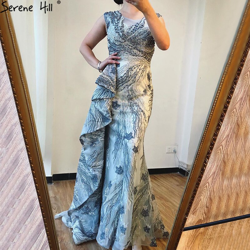 Dubai Pink Mermaid Sleeveless Evening Dresses High-end O-Neck Beading Lace Party Gowns Serene Hill 2025 LA70669 - SERENE HILL