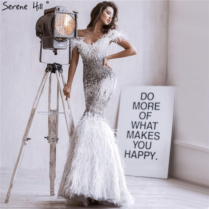 Dubai Pink Sexy Mermaid Evening Dresses Design Luxury Crystal Feathers Sleeveless Formal Gowns 2025 Serene Hill LA70242 - SERENE HILL