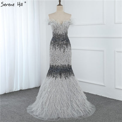 Dubai Pink Sexy Mermaid Evening Dresses Design Luxury Crystal Feathers Sleeveless Formal Gowns 2025 Serene Hill LA70242 - SERENE HILL