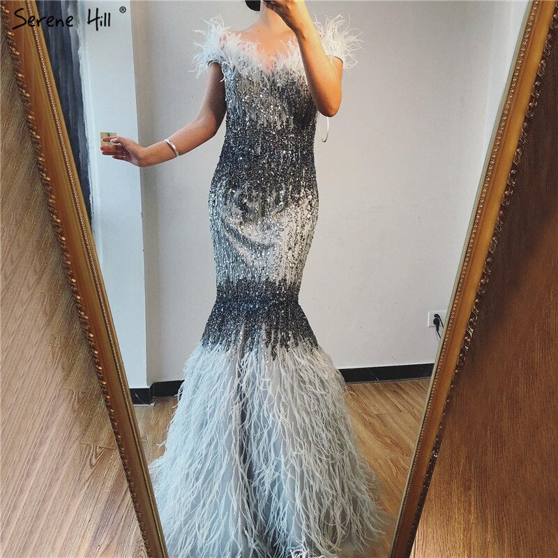 Dubai Pink Sexy Mermaid Evening Dresses Design Luxury Crystal Feathers Sleeveless Formal Gowns 2025 Serene Hill LA70242 - SERENE HILL