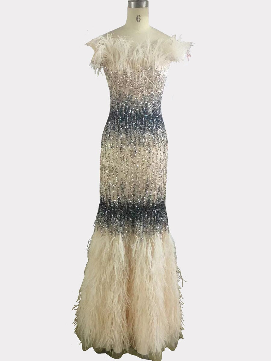Dubai Pink Sexy Mermaid Evening Dresses Design Luxury Crystal Feathers Sleeveless Formal Gowns 2025 Serene Hill LA70242 - SERENE HILL