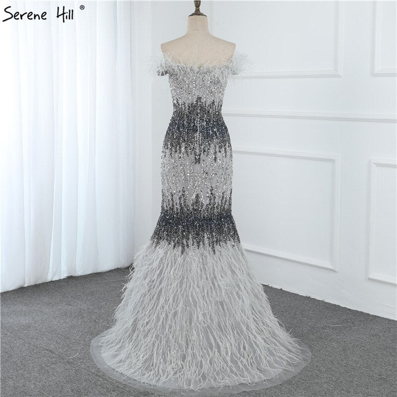 Dubai Pink Sexy Mermaid Evening Dresses Design Luxury Crystal Feathers Sleeveless Formal Gowns 2025 Serene Hill LA70242 - SERENE HILL
