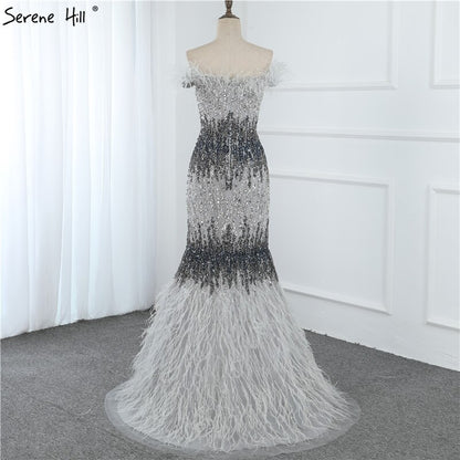Dubai Pink Sexy Mermaid Evening Dresses Design Luxury Crystal Feathers Sleeveless Formal Gowns 2025 Serene Hill LA70242 - SERENE HILL