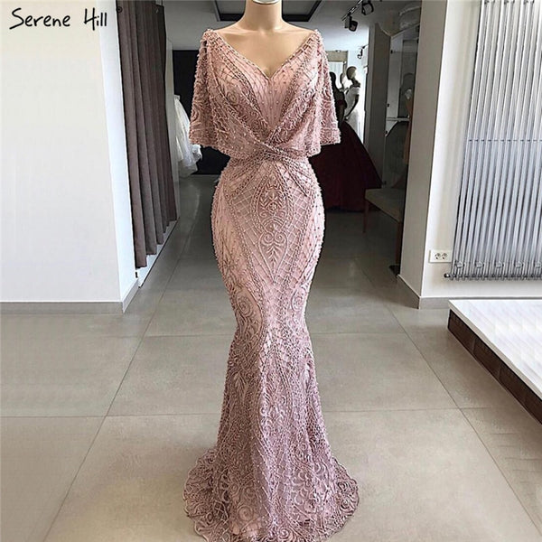 Dubai Pink V-Neck Pearls Lace Evening Gowns 2025 Half Sleeves Mermaid Sexy Elegant  Formal Evening Dresses LA70156