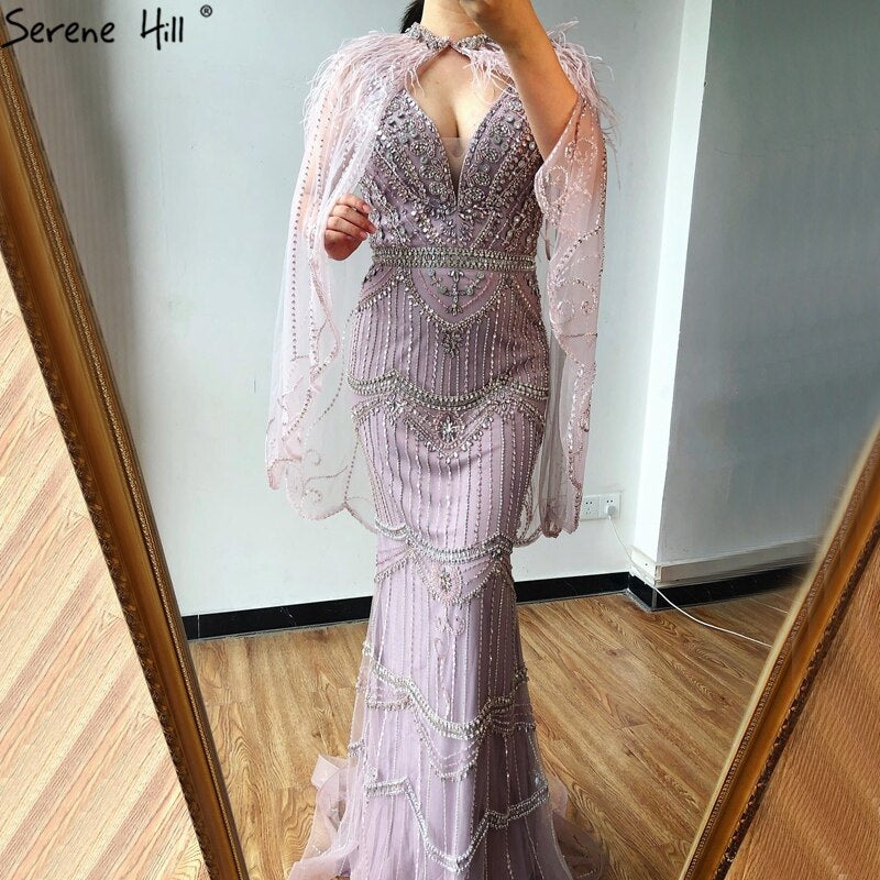 Dubai Purple V-Neck Mermaid Sexy Evening Dresses 2025 Sleeveless Shawl Yarn Feathers Formal Dress Serene Hill LA70171A - SERENE HILL