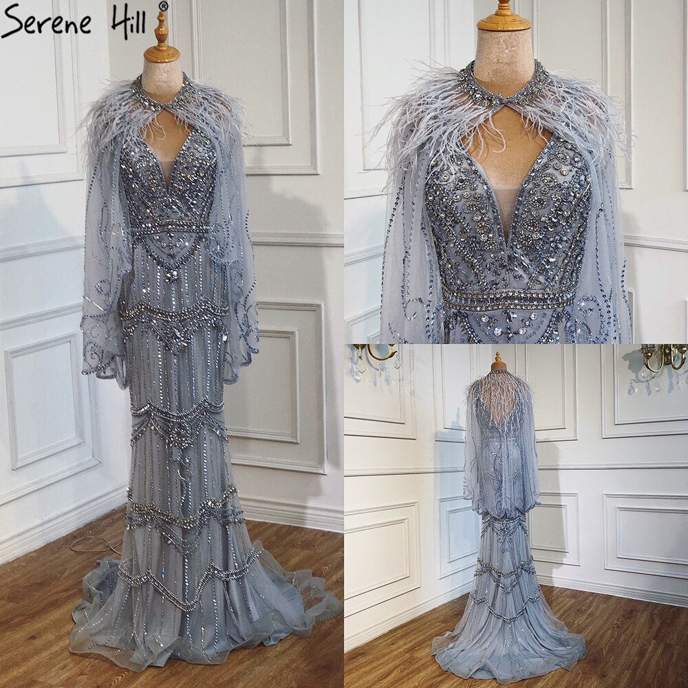 Dubai Purple V-Neck Mermaid Sexy Evening Dresses 2025 Sleeveless Shawl Yarn Feathers Formal Dress Serene Hill LA70171A - SERENE HILL