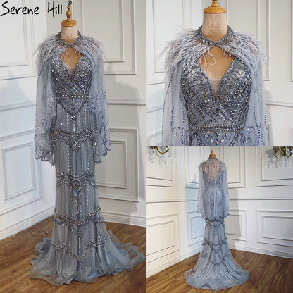 Dubai Purple V-Neck Mermaid Sexy Evening Dresses 2025 Sleeveless Shawl Yarn Feathers Formal Dress Serene Hill LA70171A - SERENE HILL