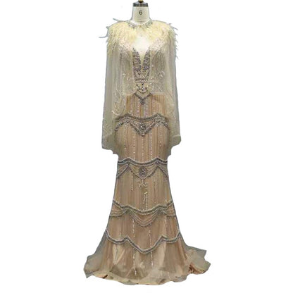 Dubai Purple V-Neck Mermaid Sexy Evening Dresses 2025 Sleeveless Shawl Yarn Feathers Formal Dress Serene Hill LA70171A - SERENE HILL