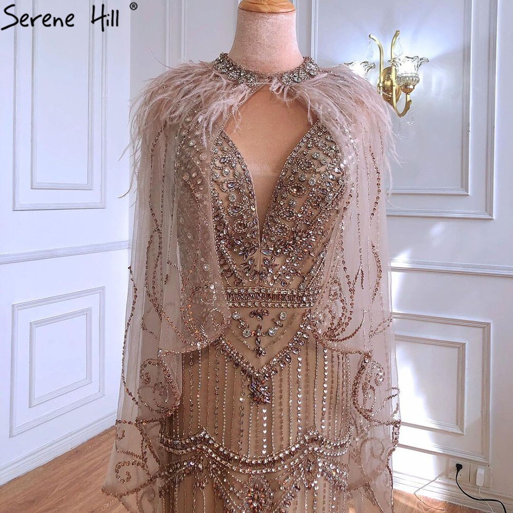 Dubai Purple V-Neck Mermaid Sexy Evening Dresses 2025 Sleeveless Shawl Yarn Feathers Formal Dress Serene Hill LA70171A - SERENE HILL