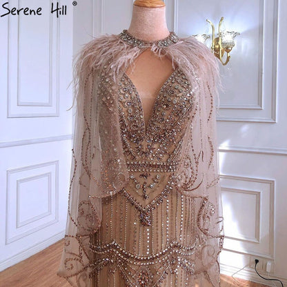 Dubai Purple V-Neck Mermaid Sexy Evening Dresses 2025 Sleeveless Shawl Yarn Feathers Formal Dress Serene Hill LA70171A - SERENE HILL