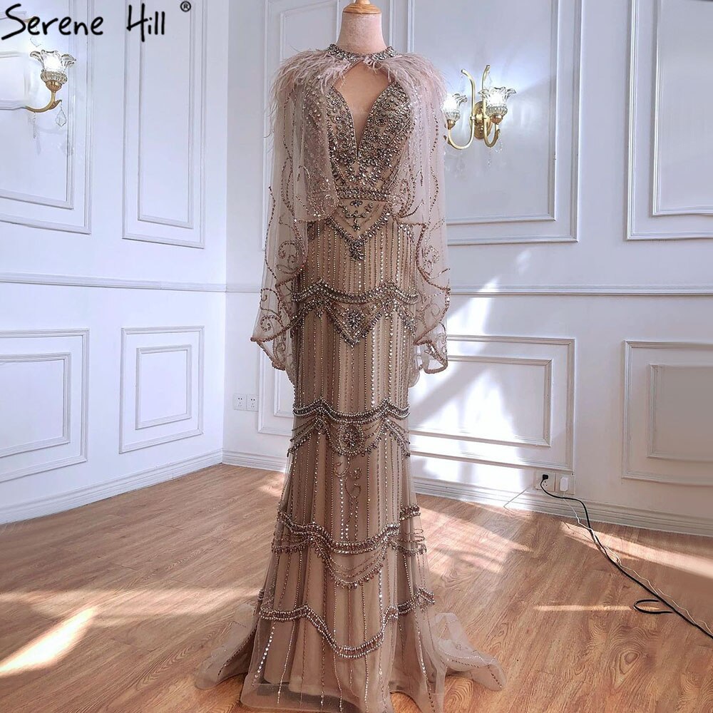 Dubai Purple V-Neck Mermaid Sexy Evening Dresses 2025 Sleeveless Shawl Yarn Feathers Formal Dress Serene Hill LA70171A - SERENE HILL