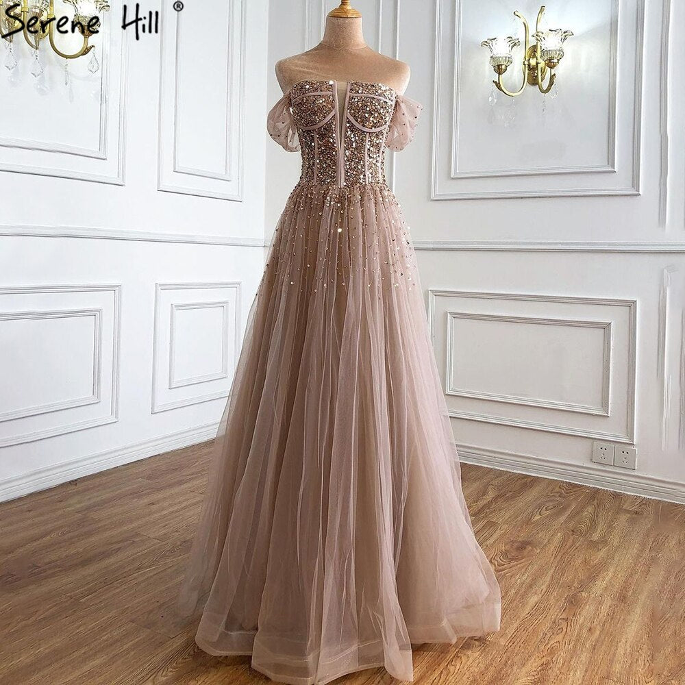 On Sale no return no refundDubai Red A-Line Sexy Sleeveless Evening Dresses 2025 Off Shoulder Beading Sparkle Formal Dress Serene Hill LA70545 - SERENE HILL