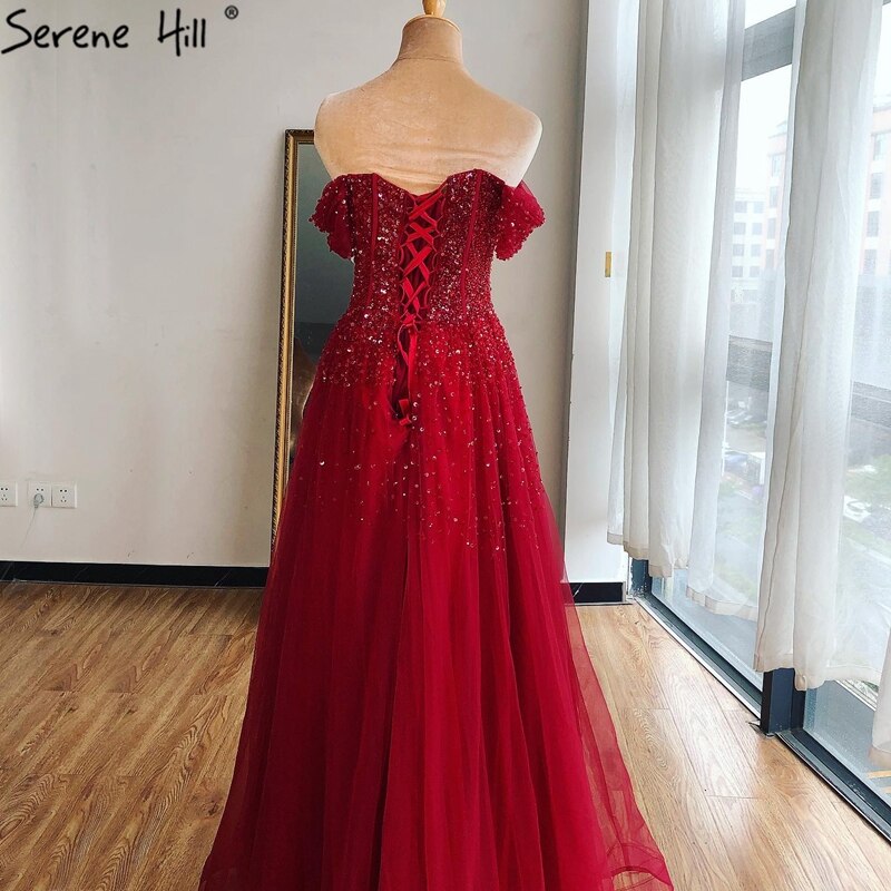On Sale no return no refundDubai Red A-Line Sexy Sleeveless Evening Dresses 2025 Off Shoulder Beading Sparkle Formal Dress Serene Hill LA70545 - SERENE HILL