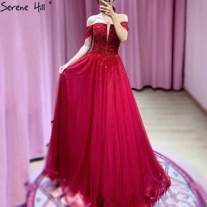 On Sale no return no refundDubai Red A-Line Sexy Sleeveless Evening Dresses 2025 Off Shoulder Beading Sparkle Formal Dress Serene Hill LA70545 - SERENE HILL