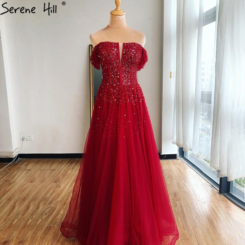 On Sale no return no refundDubai Red A-Line Sexy Sleeveless Evening Dresses 2025 Off Shoulder Beading Sparkle Formal Dress Serene Hill LA70545 - SERENE HILL