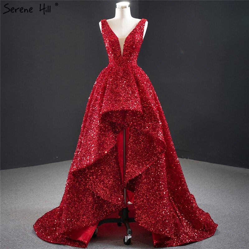 Dubai Red Deep-V Luxury Sexy Evening Dresses 2025 Sleeveless Sequins Asymmetrical Formal Dress Serene Hill HM67126 - SERENE HILL
