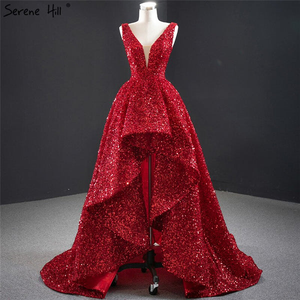 Dubai Red Deep-V Luxury Sexy Evening Dresses 2025 Sleeveless Sequins Asymmetrical  Formal Dress Serene Hill HM67126