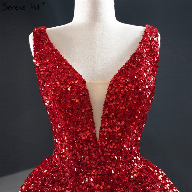 Dubai Red Deep-V Luxury Sexy Evening Dresses 2025 Sleeveless Sequins Asymmetrical Formal Dress Serene Hill HM67126 - SERENE HILL