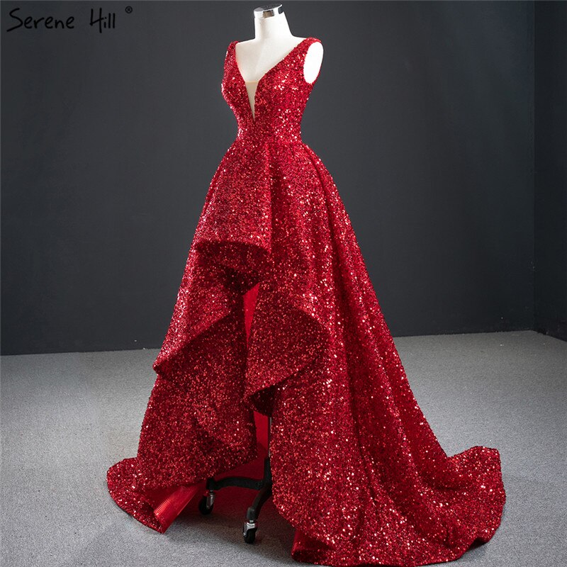 Dubai Red Deep-V Luxury Sexy Evening Dresses 2025 Sleeveless Sequins Asymmetrical Formal Dress Serene Hill HM67126 - SERENE HILL