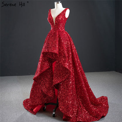 Dubai Red Deep-V Luxury Sexy Evening Dresses 2025 Sleeveless Sequins Asymmetrical Formal Dress Serene Hill HM67126 - SERENE HILL