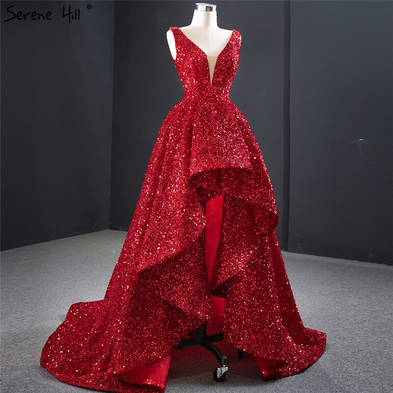 Dubai Red Deep-V Luxury Sexy Evening Dresses 2025 Sleeveless Sequins Asymmetrical Formal Dress Serene Hill HM67126 - SERENE HILL