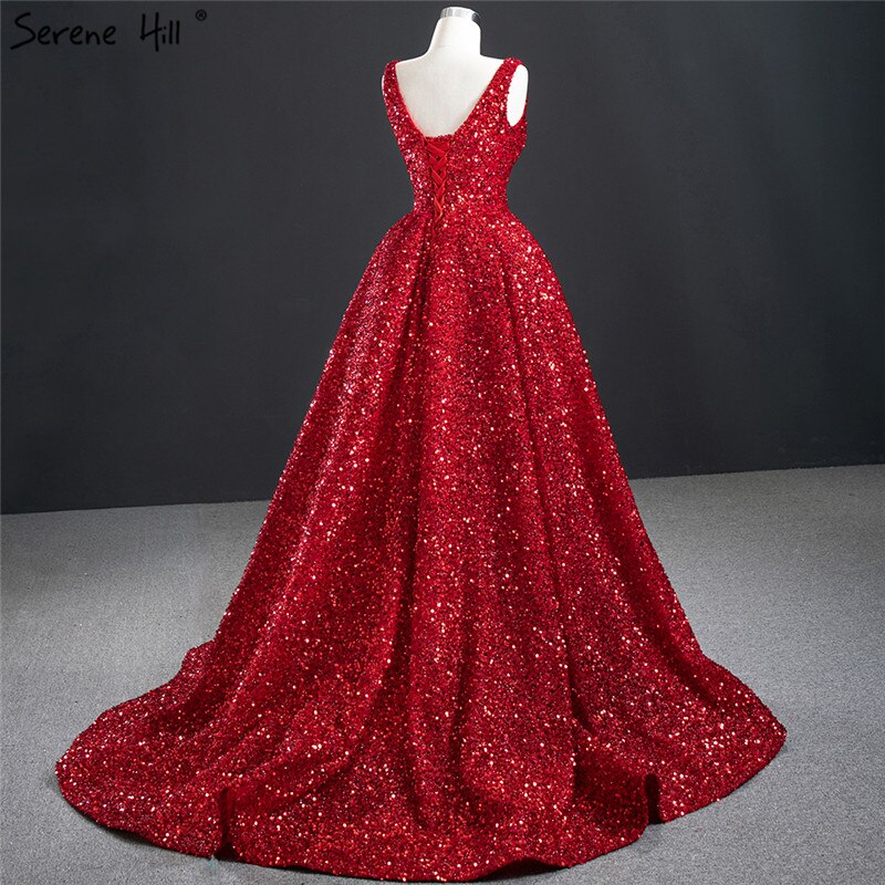 Dubai Red Deep-V Luxury Sexy Evening Dresses 2025 Sleeveless Sequins Asymmetrical Formal Dress Serene Hill HM67126 - SERENE HILL