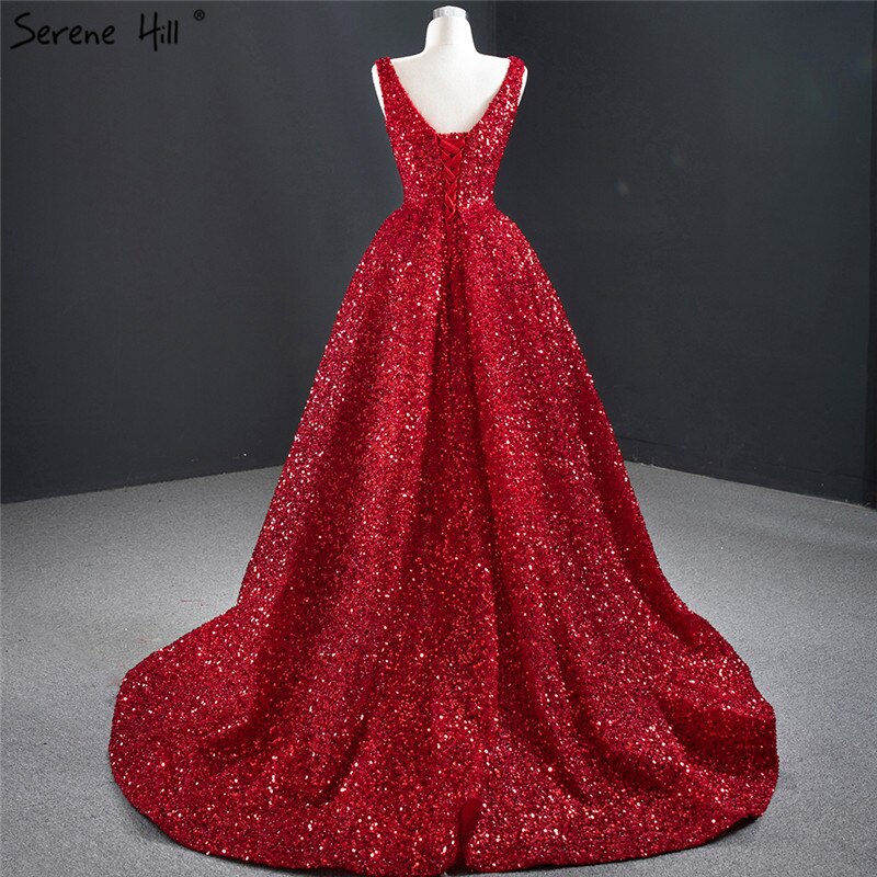 Dubai Red Deep-V Luxury Sexy Evening Dresses 2025 Sleeveless Sequins Asymmetrical Formal Dress Serene Hill HM67126 - SERENE HILL