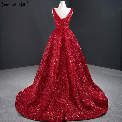 Dubai Red Deep-V Luxury Sexy Evening Dresses 2025 Sleeveless Sequins Asymmetrical Formal Dress Serene Hill HM67126 - SERENE HILL