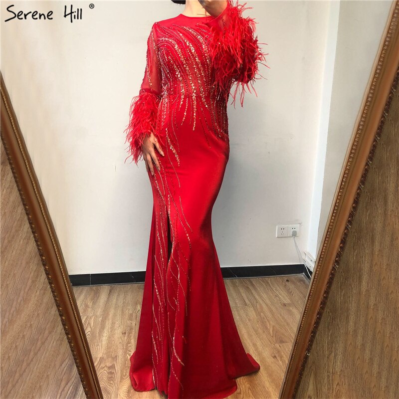 On Sale no return no refundSale Dubai Red O-Neck Sequined Beading Evening Dressese Feathers Long Sleeves Mermaid Formal Dress 2025 Serene Hill LA70379 - SERENE HILL