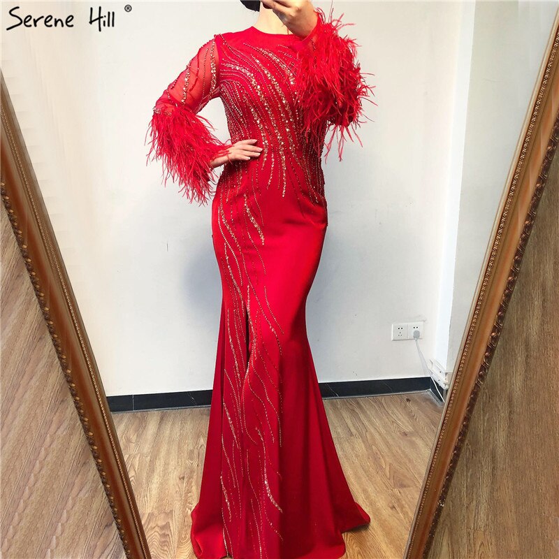On Sale no return no refundSale Dubai Red O-Neck Sequined Beading Evening Dressese Feathers Long Sleeves Mermaid Formal Dress 2025 Serene Hill LA70379 - SERENE HILL