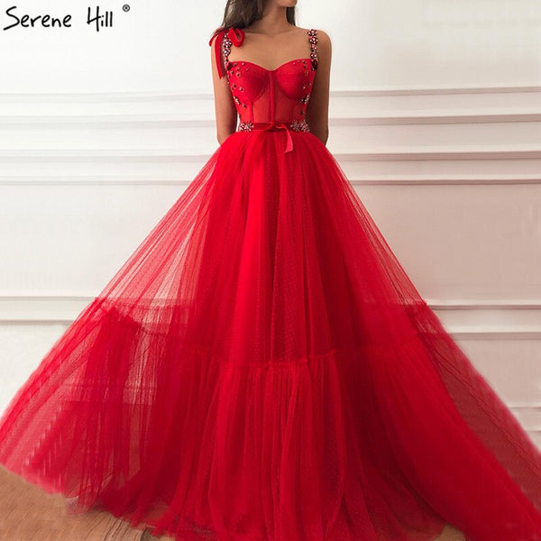 Sale Dubai Red Sleeveless Crystal Bow  Evening Dresses 2025 A-Line Sexy Fashion Formal Dress Serene Hill LA60952