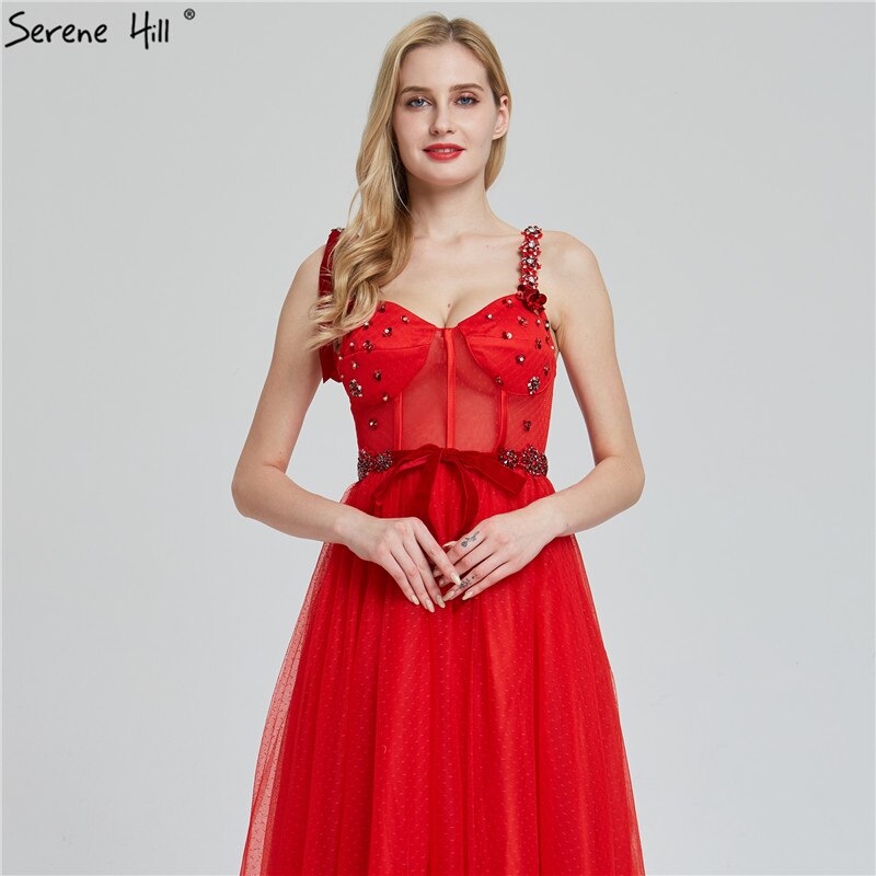 Sale Dubai Red Sleeveless Crystal Bow Evening Dresses 2025 A-Line Sexy Fashion Formal Dress Serene Hill LA60952 - SERENE HILL