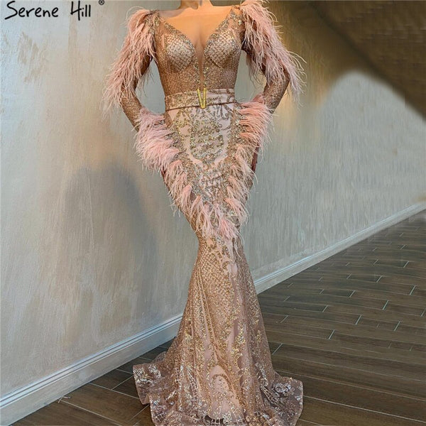 On Sale No Return No Refund Sale Dubai Rose Gold Mermaid Sexy Evening Dresses 2025 Luxury Feathers Beading Sparkle Formal Dress Serene Hill LA60902