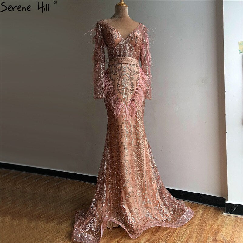 On Sale No Return No Refund Sale Dubai Rose Gold Mermaid Sexy Evening Dresses 2025 Luxury Feathers Beading Sparkle Formal Dress Serene Hill LA60902 - SERENE HILL