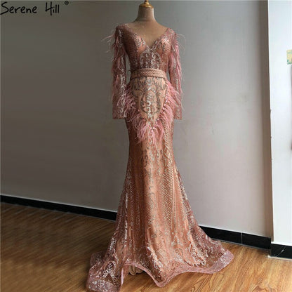On Sale No Return No Refund Sale Dubai Rose Gold Mermaid Sexy Evening Dresses 2025 Luxury Feathers Beading Sparkle Formal Dress Serene Hill LA60902 - SERENE HILL